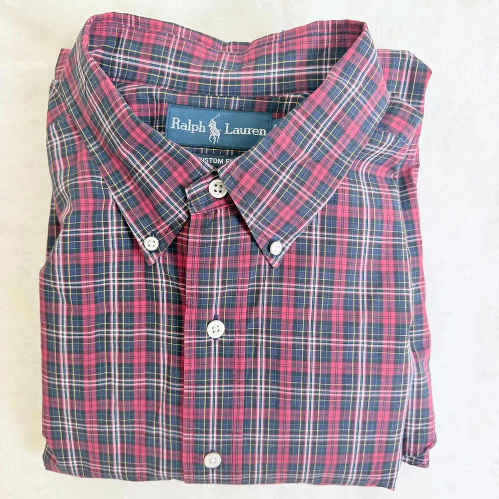 Ralph Lauren Shirt Mens XLT Red Navy Plaid Custom Fit Long Sleeve Excellent